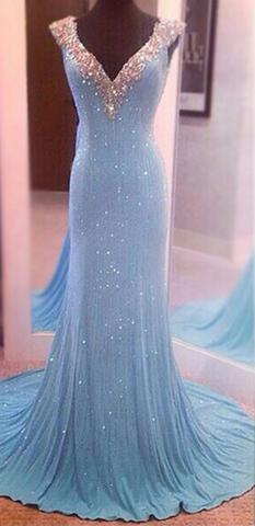 Modest V-Neck Sleeveless Sequins Blue Mermaid Backless Floor-Length Long Prom Dresses DM397