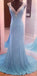 Modest V-Neck Sleeveless Sequins Blue Mermaid Backless Floor-Length Long Prom Dresses DM397
