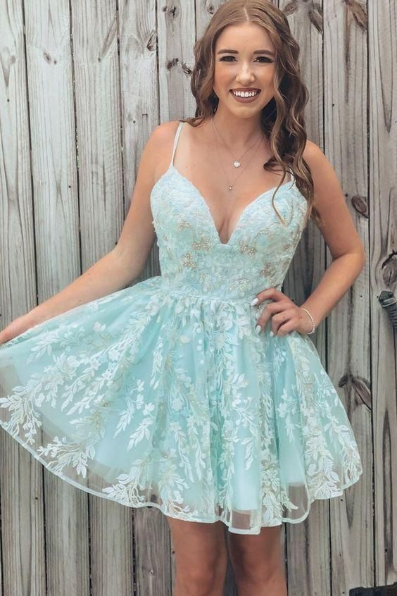 A-Line Mint Green Lace V Neck Spaghetti Straps Mini Prom Homecoming Dr Demodresses A-Line Mint Green Lace V Neck Spaghetti Straps Mini Prom Homecoming Dr Demodresses