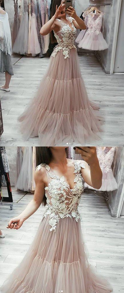 V Neck Tulle Lace Appliques Long Prom Dress, Cheap Tulle Evening Dresses DMG21