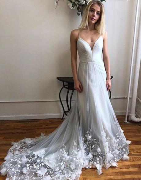 Unique Spaghetti Strap Long Cheap Tulle Prom Dresses With Lace Applique DMO53