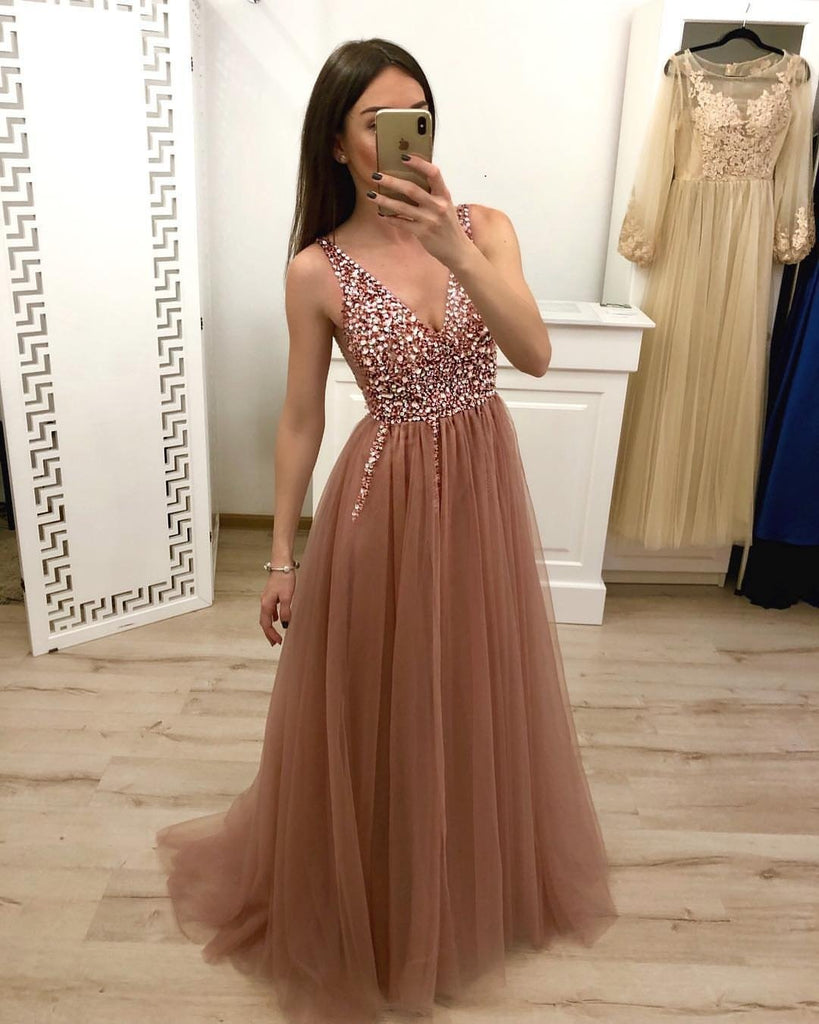A Line V Neck Tulle Long Beaded Prom Dress, Cheap Evening Gown DMH57