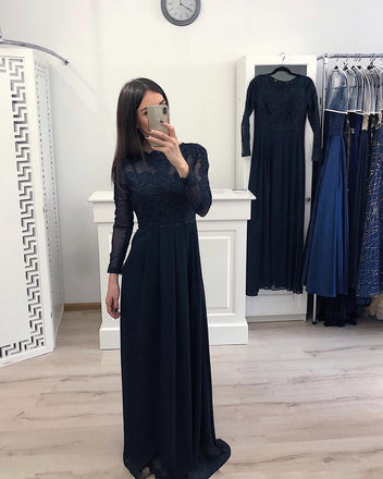 Elegant A Line Long Sleeve Chiffon Navy Blue Appliques Prom Dresses DMH58