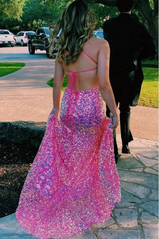 Elegant Pink Slleveless Sequin Prom Dresses Mermaid Formal Evening Gowns DMP184