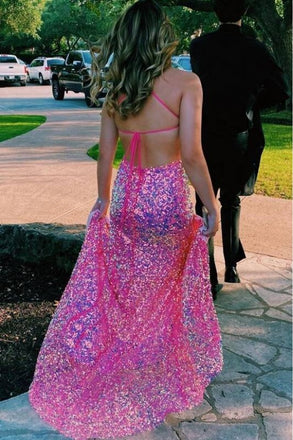 Elegant Pink Slleveless Sequin Prom Dresses Mermaid Formal Evening Gowns DMP184