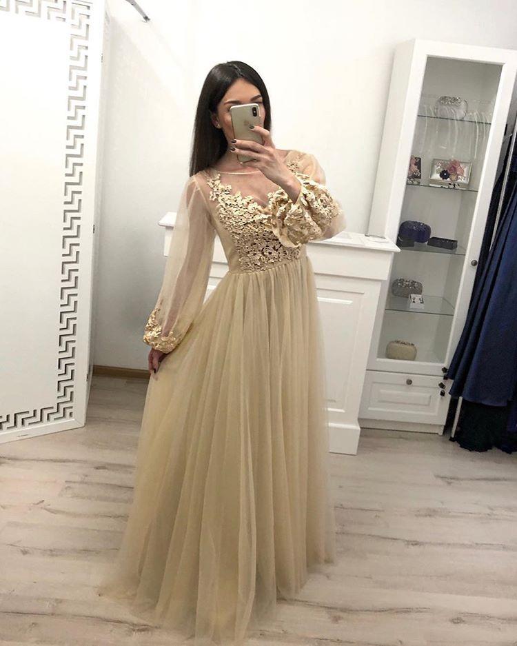 Stunning A Line Long Sleeve Tulle Appliques Prom Dresses DMH59