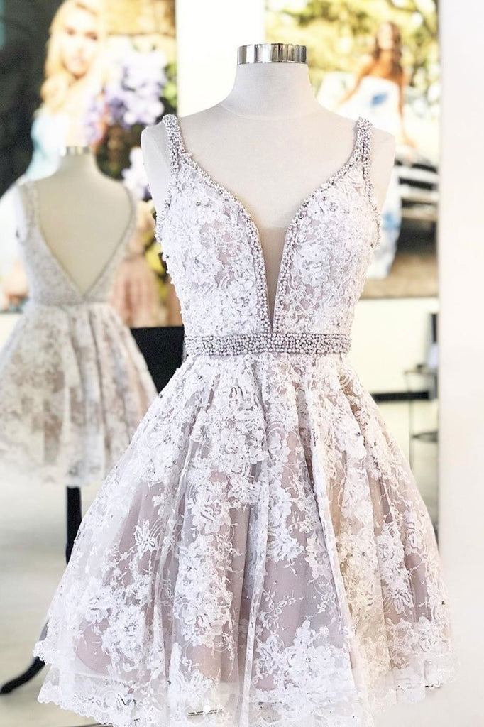 Cute V Neck Lace Short Prom Dress Beaded A Line Homecoming Dress DMP40