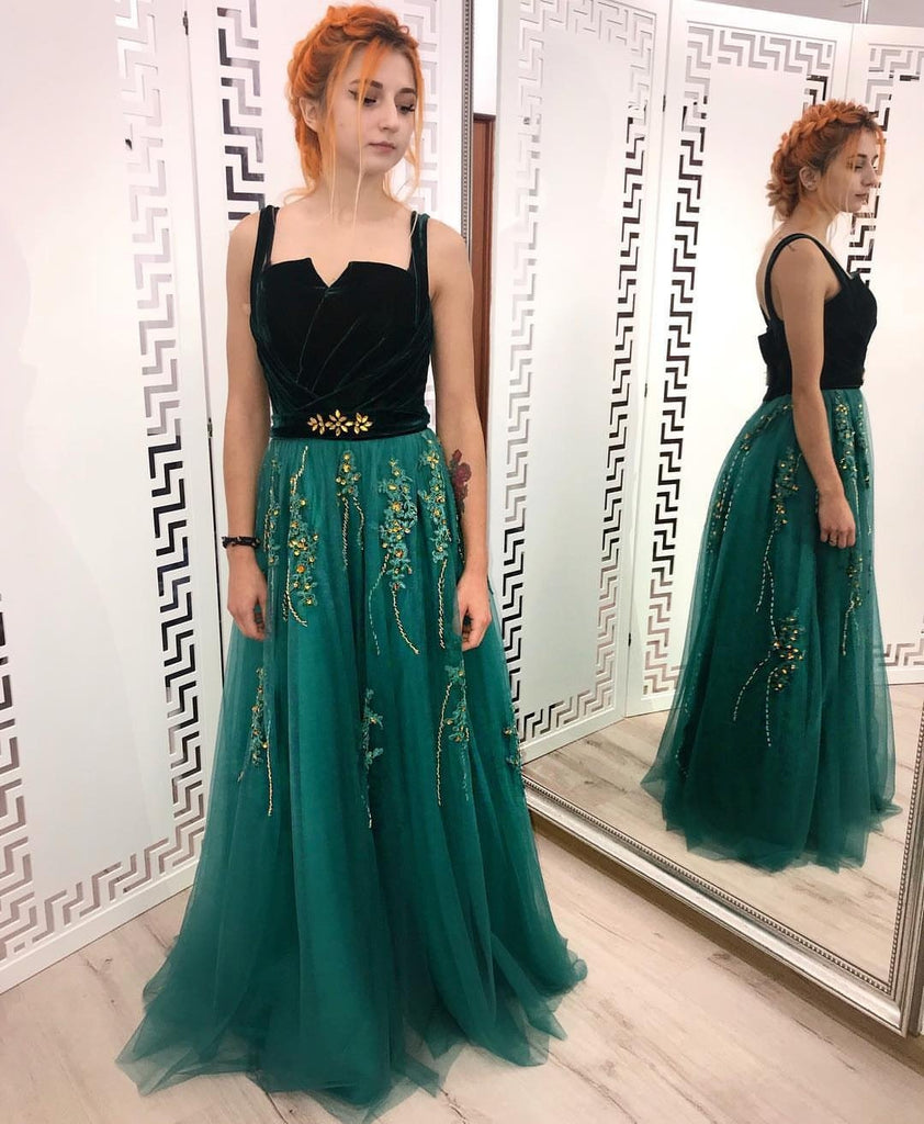 A Line Green and Black Tulle Prom Dresses, Charming Appliques Formal Dress DMI13
