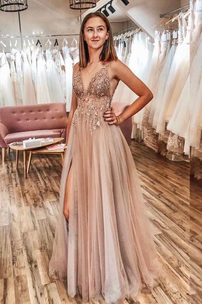 A Line Tulle V Neck Applqiues Prom Dresses With Slit DMQ3