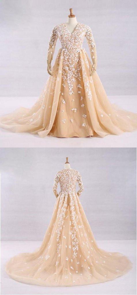 Pretty A-Line V-Neck Long Sleeves Tulle Appliques Floor Length Prom Dresses DMG32