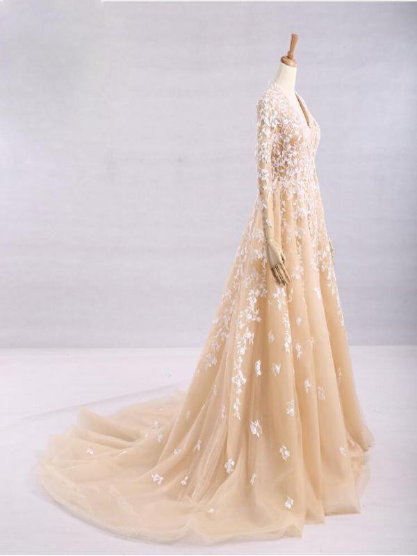 Pretty A-Line V-Neck Long Sleeves Tulle Appliques Floor Length Prom Dresses DMG32