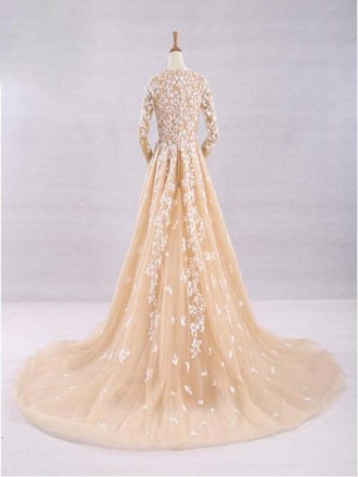 Pretty A-Line V-Neck Long Sleeves Tulle Appliques Floor Length Prom Dresses DMG32