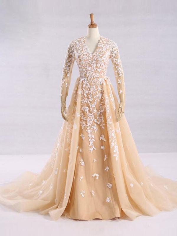 Pretty A-Line V-Neck Long Sleeves Tulle Appliques Floor Length Prom Dresses DMG32