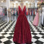 Charming Burgundy V Neck Sleeveless Sequin Prom Dresses A Line Formal Party Dress DMI56