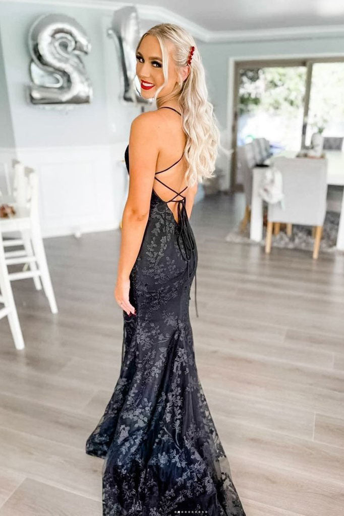 Black Mermaid Spaghetti Straps Long Prom Dresses, Lace Formal Evening Dresses DMP046