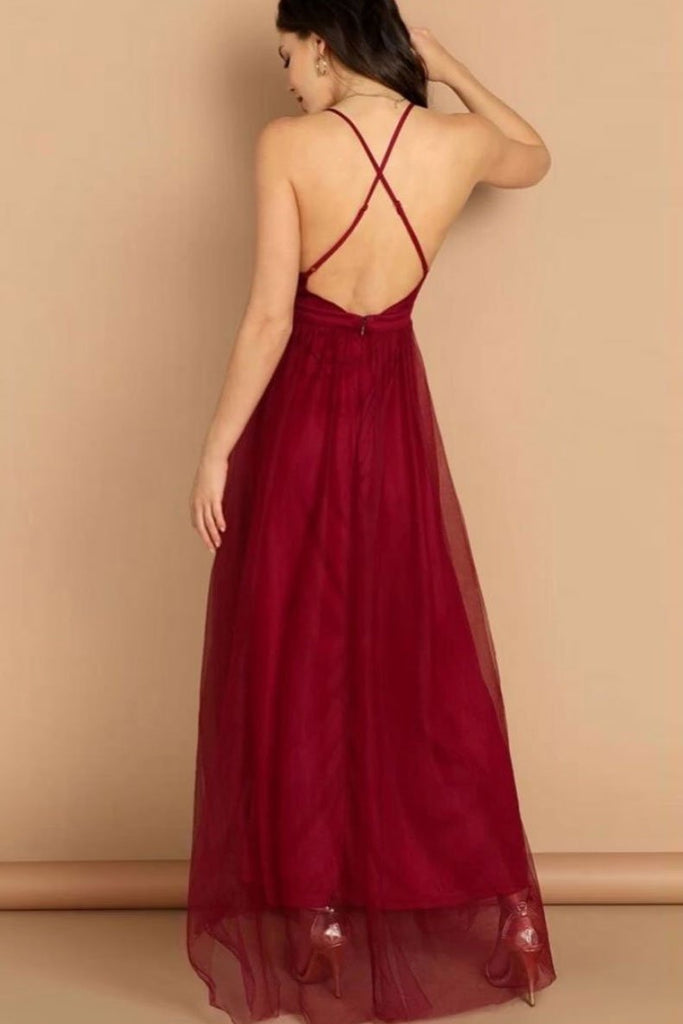 A Line V Neck Spaghetti Straps Long Chiffon Burgundy Prom Dress DMS89