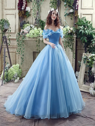 Princess Ball Gown Off Shoulder Blue Long Prom Dress,Quinceanera Dresses DMG46