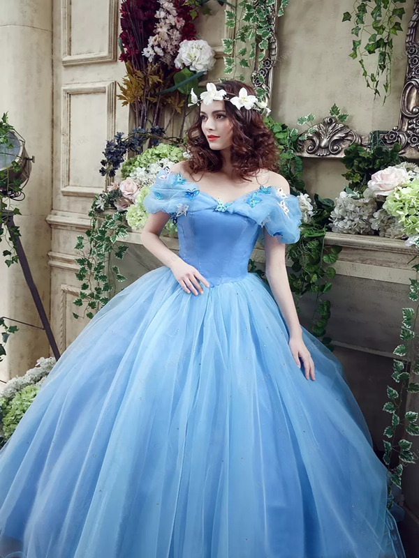 Princess Ball Gown Off Shoulder Blue Long Prom Dress,Quinceanera Dresses DMG46