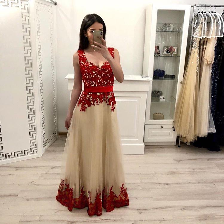 A Line Tulle Long Prom Dress With Red Appliques,Junior Party Prom Dresses DMI15
