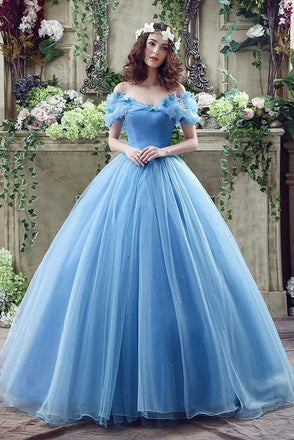 Princess Ball Gown Off Shoulder Blue Long Prom Dress,Quinceanera Dresses DMG46