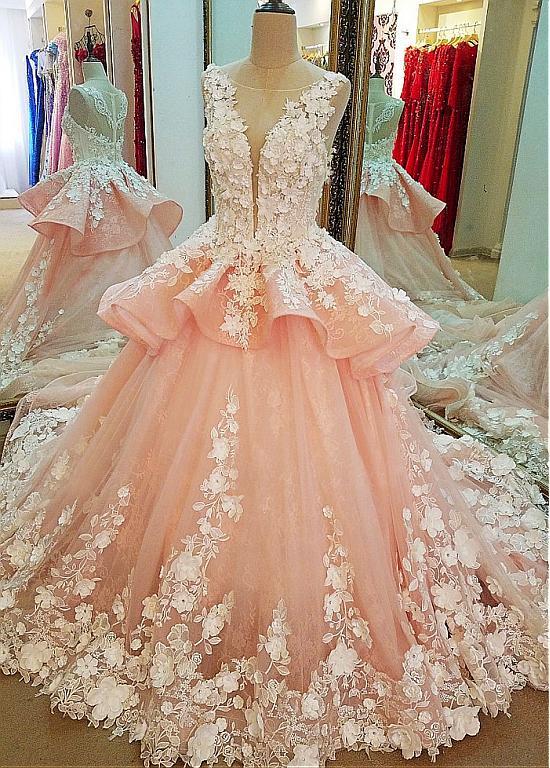 Tulle Lace Scoop Neckline Ball Gown Wedding Dress With Lace Appliques,Quinceanera Dresses DM619