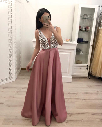 A Line Beading Satin Prom Dresses, V Neck Sleeveless Cheap Prom Dress DMI16