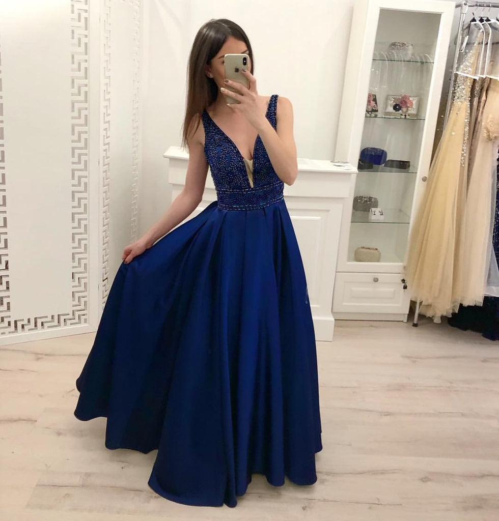 Royal Blue Beading A Line Satin Prom Dress, Cheap Long Evening Dresses DMI17