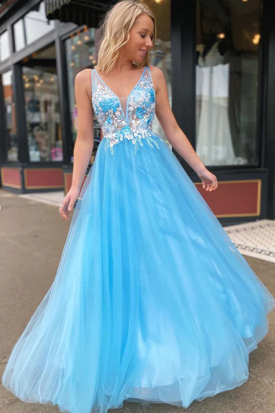 Blue V Neck Tulle Lace Appliques Long Prom Dress Formal Evening Dress DMP281