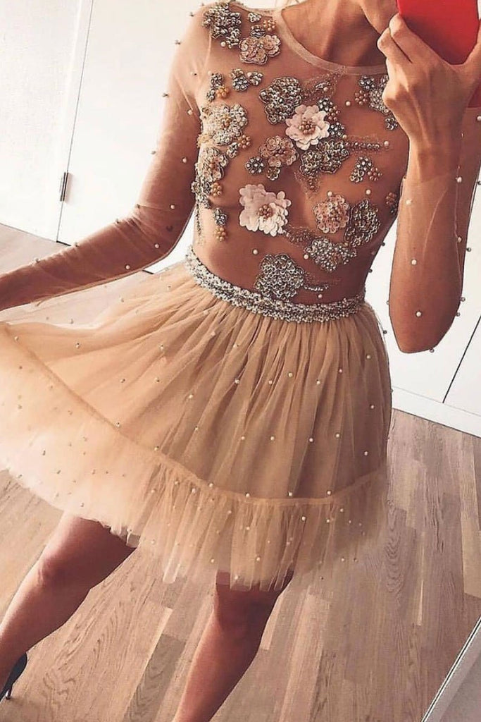 Tulle Beads Short Prom Dress, Long Sleeves Flowers Homecoming Dress DMP47