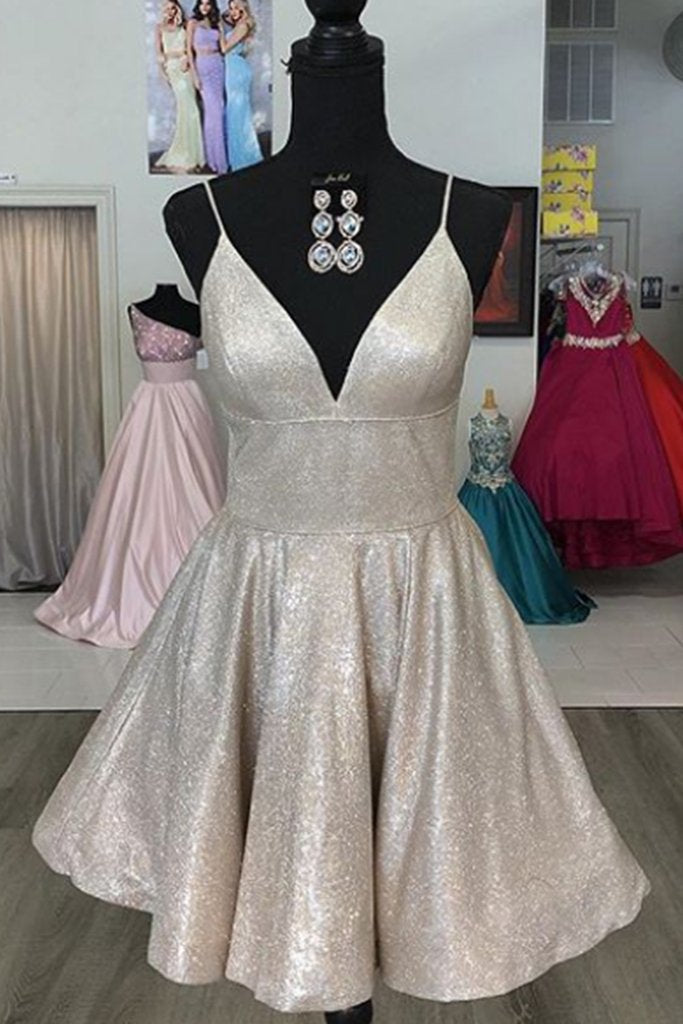 Spaghetti Straps V Neck Short Prom Homecoming Dress With Pockets Sparkle Cocktail Dress DM1039