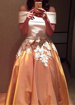 A Line Off the Shoulder Lace Appliques Two Pieces Cheap Prom Dress DMG11