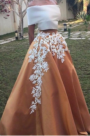 A Line Off the Shoulder Lace Appliques Two Pieces Cheap Prom Dress DMG11