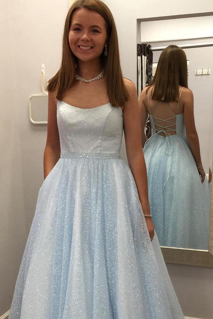 Lilac Spaghetti Straps Sparkly A Line  Long Prom Dress, Shiny Formal Evening Dress DM1001