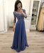 Chiffon A Line 3/4 Sleeves Beaded Blue Long Prom Dresses, Formal Party Dress DMI18