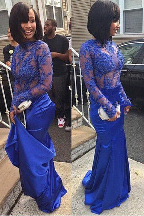 Mermaid Royal Blue Long Sleeves See Through Long Prom Dresses DMH54