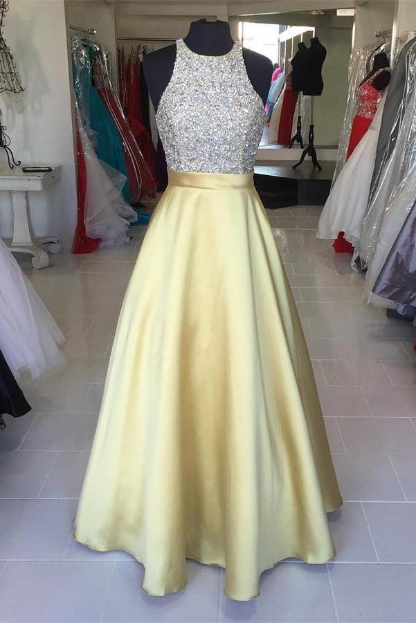 Yellow Satin Long Halter Beading Simple Cheap Prom Dresses K697