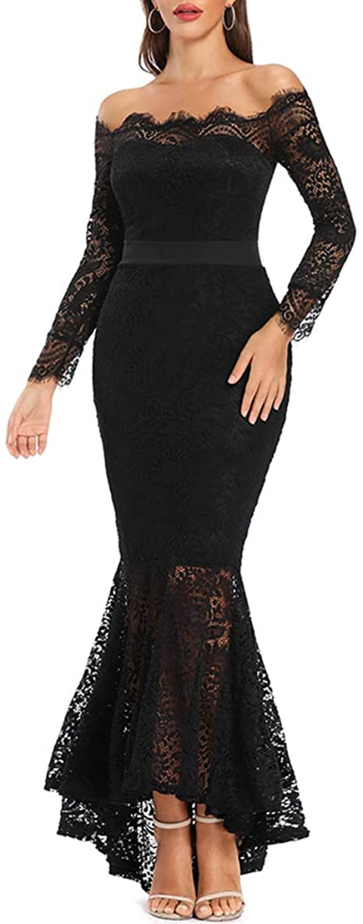 Mermaid Black Elegant Off the Shoulder Long Lace Long Sleeves Sexy Prom Dress DM141