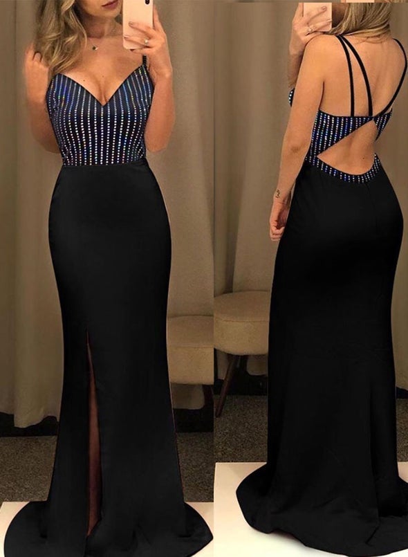 Mermaid Long Prom Dress Beaded Spaghetti Straps Evening Party Dresses With Slit DMP094