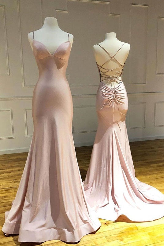 Simple Pink Mermaid Long Prom Dresses Spaghetti Straps Evening Dress DMP095