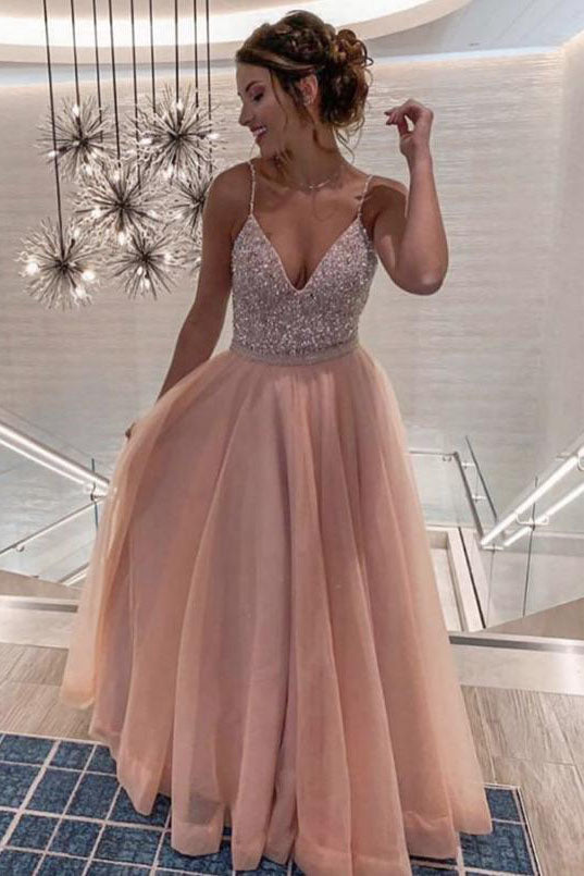 A Line Tulle Beaded Pink Long Prom Dresses Spaghett Straps Formal Evening Dress DMP063