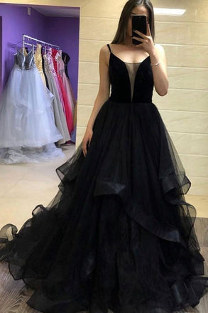 Simple A Line Black Tulle Long Prom Dress Spaghetti Straps Formal Evening Dress DMP057
