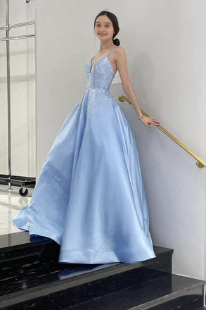 Elegant A Line Satin Blue Long Prom Dresses Spaghetti Straps Formal Evening Dress DMP061