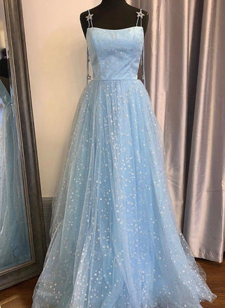 Light Blue Tulle Sequins Long Prom Dresses A Line Formal Evening Dress  DMP083
