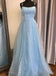 Light Blue Tulle Sequins Long Prom Dresses A Line Formal Evening Dress  DMP083