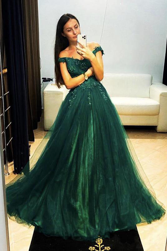 A Line Tulle Lace Appliques Green Long Prom Dresses Off the Shoulder Formal Evening Dress DMP065
