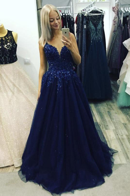 A Line Tulle Lace Appliques Dark Blue Long Prom Dresses Spaghett Straps Formal Evening Dress DMP064