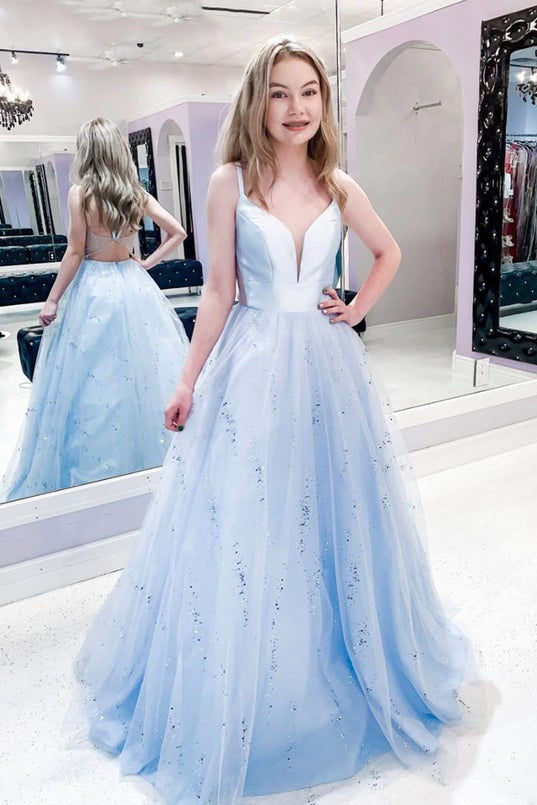 Stunning A Line Tulle Light Blue Long Prom Dresses Spaghetti Straps Evening Dress DMP060