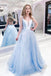 Stunning A Line Tulle Light Blue Long Prom Dresses Spaghetti Straps Evening Dress DMP060