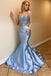 Blue Lace Top Mermaid Satin Two Pieces Prom Dresses Evening Party Dress DMP082