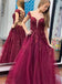 Burgundy A Line Tulle Lace Appliques Long Prom Dress Cap Sleeves Evening Dress DMP056